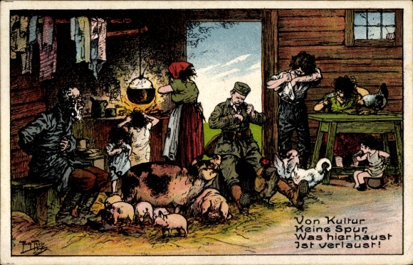 Artist Postcard Thiele, Arthur, No trace of culture, soldier and farmer family scratching themselves, pigs