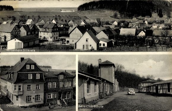 Postcard Hirzenhain Dillkreis Eschenburg, partial view, Gasthof Bender, Aero Club School