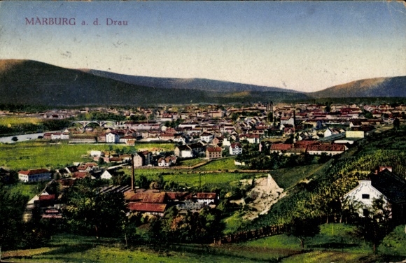 Ak Maribor Marburg an der Drau Slowenien, Landschaftsaufnahme, Häuser, Berge, Fluss