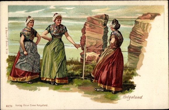 Chromo-Litho North Sea island of Helgoland, women in Heligoland costume, coast