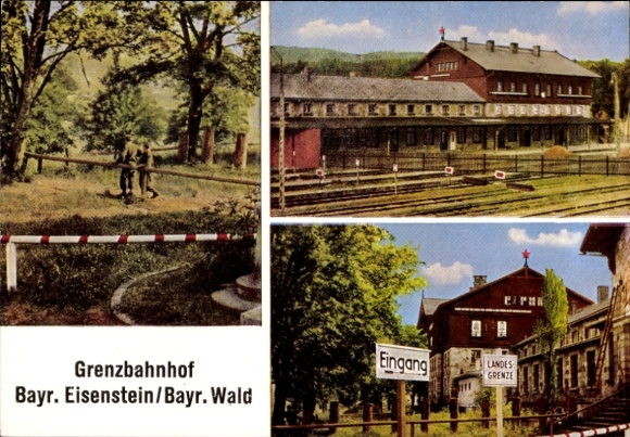 Ak Bayerisch Eisenstein in Niederbayern, Grenzbahnhof, Schrankenbäume, Landesgrenze Tschechien