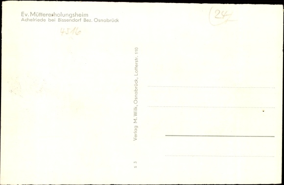 Postcard Achelriede Bissendorf in Lower Saxony, convalescent home for mothers, lying hall, forest path, church