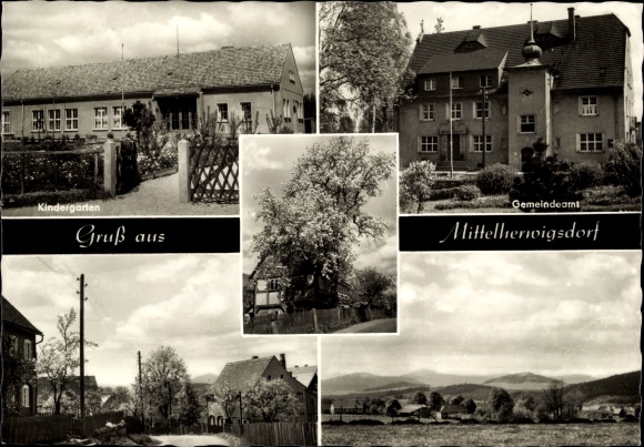 Ansichtkaart Mittelherwigsdorf in Oberlausitz, kleuterschool, stadskantoor, stadsgezichten