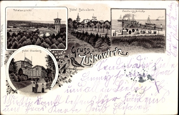 Chromo-Litho Baltic resort Zinnowitz on Usedom, Hotel Belvedere, Landungsbrücke, Hotel Glienberg