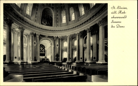 Postcard St. Blasien in the Black Forest, interior of the cathedral, columns, benches, dome