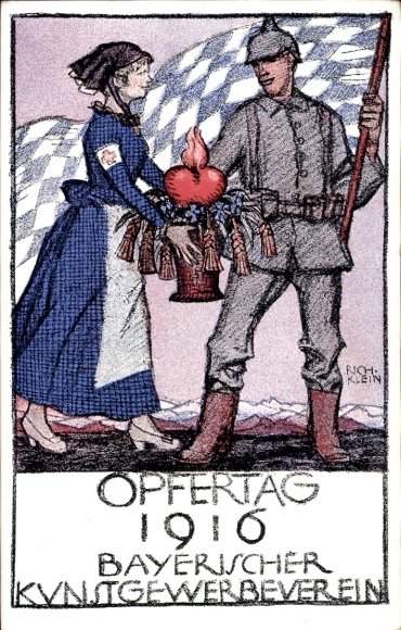Artist Postcard Klein, Richard, Sacrifice Day 1916, Bavarian Arts and Crafts Association, Red Cross