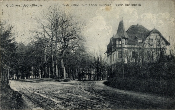 Postcard Lippholthausen Lünen in North Rhine Westphalia, restoration of the Lüner fountain, owner Mrs. Rühenbeck