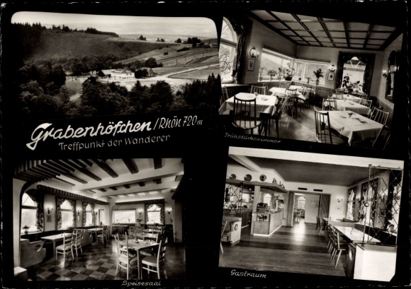 Postcard Poppenhausen at the Wasserkuppe Rhön, Pension Grabenhöfchen, panorama, interior views