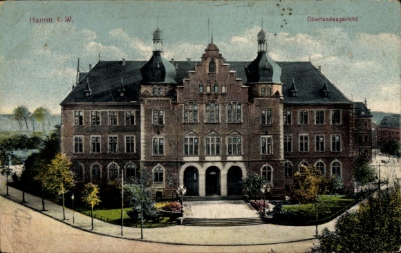 Postcard Hamm in Westphalia, Higher Regional Court, s building, green surroundings, clear skies