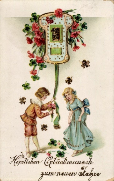 Glitter Chromo-Litho Happy New Year, Clover, Calendar, Children