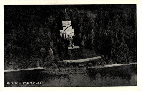Postcard Berg am Starnberger See Upper Bavaria, church, forest, water, aerial photograph, Starnberger See