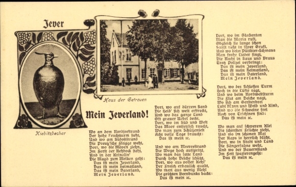 Postcard Jever in Oldenburg Friesland, Kiebitzbecher, House of the Faithful, poem My Jeverland
