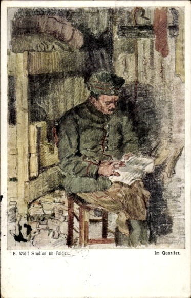 Artist Postcard Wolff, E., In the Quarters, German Soldier Reading, WWI