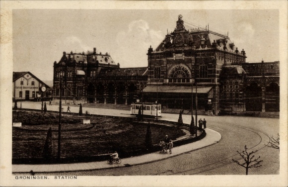 Postcard Groningen Netherlands, train station, tram