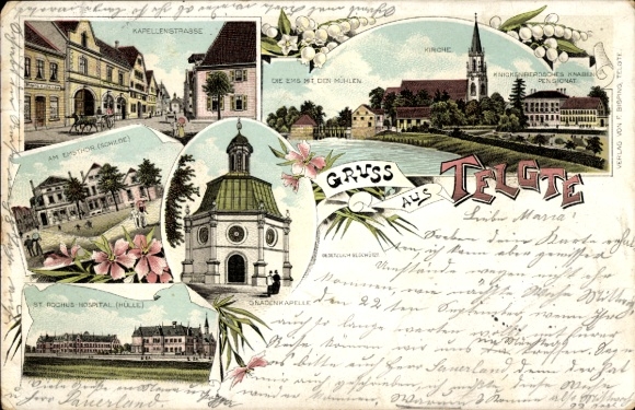 litho Telgte in Westfalen, kerk, Kapellenstrasse, ziekenhuis