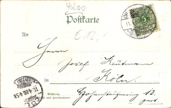 litho Oberhausen am Rhein, Gute Hoffnungshütte, Protestantse kerk, Treinstation, Spoorweg, Postkantoor