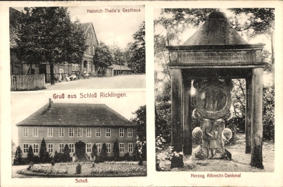 Postcard Schloß Ricklingen Garbsen in Lower Saxony, Duke Albrecht monument, castle, inn