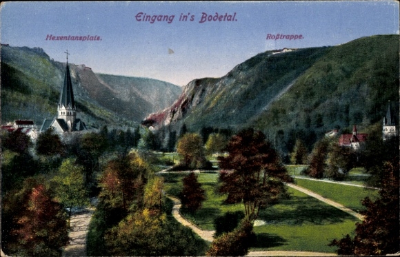 Ak Thale im Harz, Bodetal, Eingang ins  Hexentansplate, Roßtrappe, Kirche