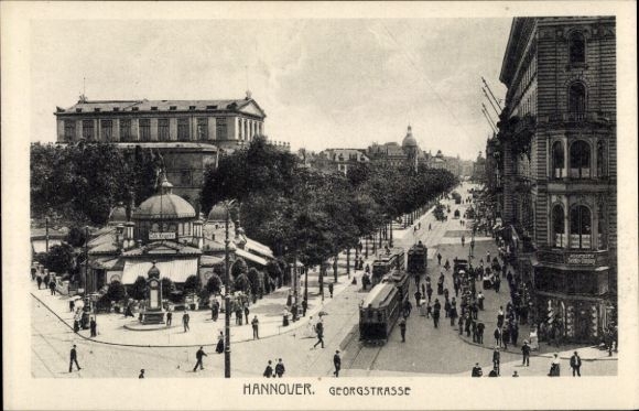 Postcard Hannover in Lower Saxony, Georgstraße, Cafe Kröpcke, tram
