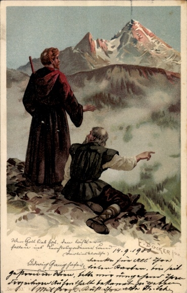 Kunstenaar litho Döcker, E., geestelijken, wandelaars, bergtoppen