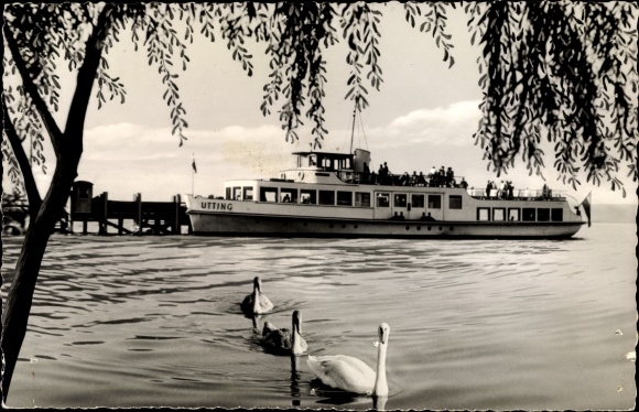 Postcard Motorschiff Utting am Steg, swans