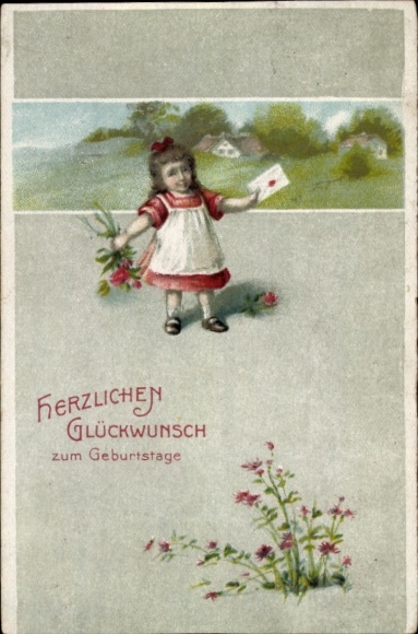Postcard congratulations birthday, girl, flowers, letter