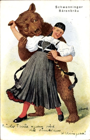Kunstenaarskaart Schwenninger Bärenbräu, vrouw in klederdracht met bruine beer, advertentie