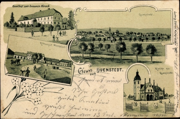 Chromo-Litho Quenstedt Arnstein Südharz, inn at the brown deer, Pfersdorf manor, church