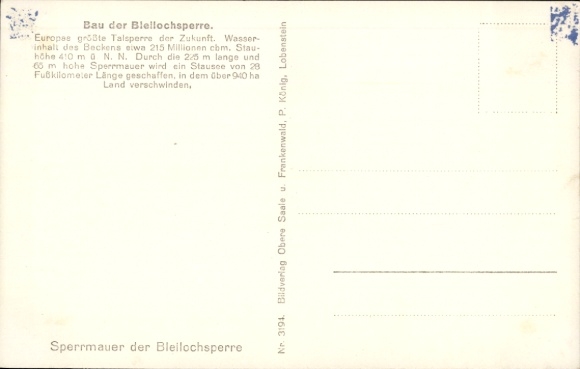 Postcard Saale Orla Kreis, construction of the Bleiloch Dam
