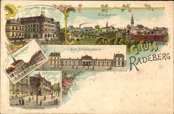 Chromo-Litho Radeberg in the Bautzen district of Saxony, total view, station building, market, Hotel zum Kaiserhof