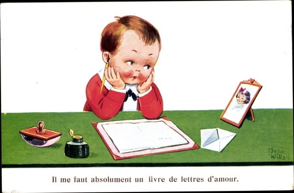 Artist Postcard Wills, John, Boy writing a love letter