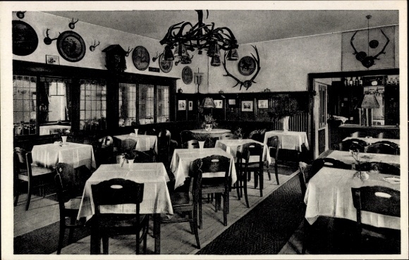 Postcard Bad Liebenstein in the Thuringian Forest, gastronomy, living room atmosphere, table decoration, antique wall decoration