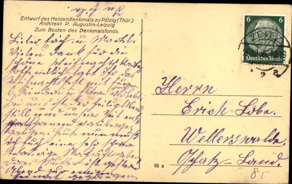 Postcard Pölzig in Thuringia, draft of the hero monument, architect P. Augustin, Leipzig