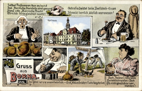 Ak Borna im Kreis Leipzig, Rathaus, Reime, Koch, Wanderer, Zwiebelstadt, Gast