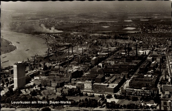 Postcard Leverkusen in the Rhineland, aerial view of Bayer plants, Rhine, industrial facilities