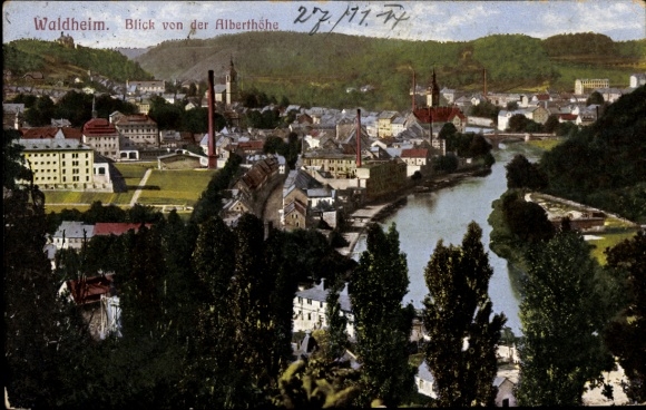 Postcard Waldheim in Saxony, city view from the Alberthohe, river, mountains, industry