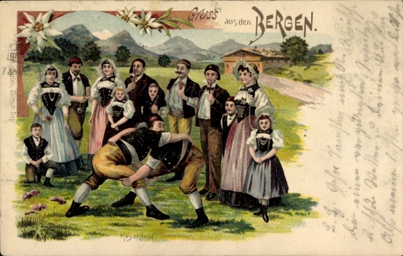 Chromo-Litho Greetings from the Mountains, Hosenhupf, Wrestling, Swiss Costume