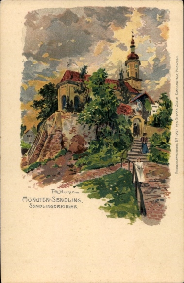 Kunstenaar litho Bergen, F., Sendling München, Sendlingerkirche