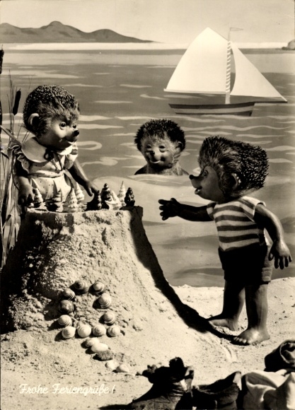 Postcard Mecki the hedgehog, happy holiday greetings, hedgehog children on the beach, sand castle