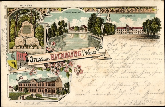 Chromo-Litho Nienburg an der Weser, Schlossplatz, building trade school, Oyler Stein, coat of arms