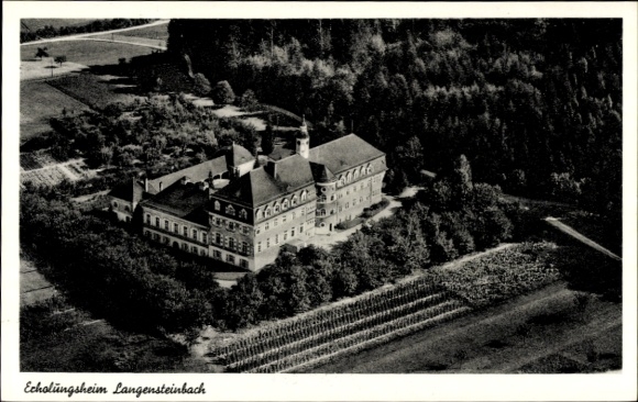 Postcard Langensteinbach Karlsbad in Baden, Echolungsheim, aerial photograph, stately building, surroundings