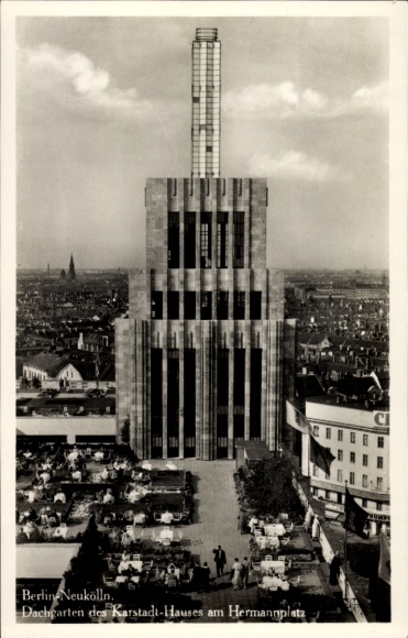 Postcard Berlin Neukölln, roof garden of the Karstadt department store at Hermannplatz