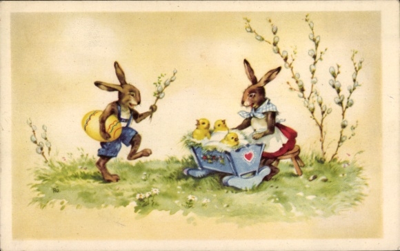 Ak Frohe Ostern, Osterhasen, Küken in einer Wiege