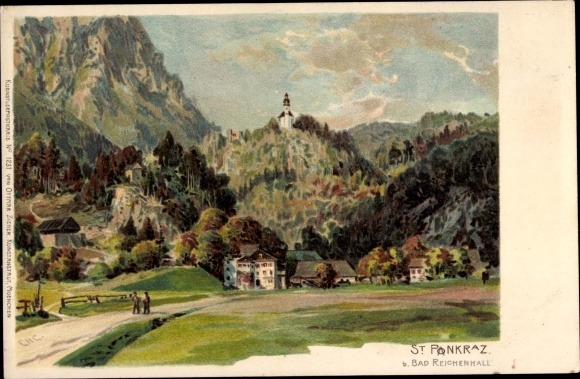 Chromo-Litho Karlstein Bad Reichenhall in Upper Bavaria, pilgrimage church of St. Pankraz