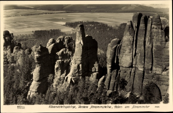Postcard Ostrau Bad Schandau in Saxony, Vordere Schrammsteine, Elbe Sandstone Mountains, rocks