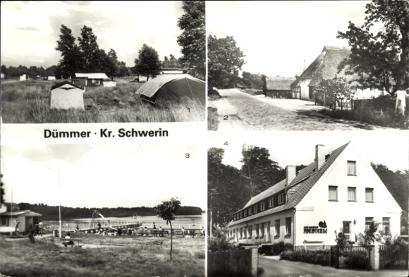 Ak Dümmer in Mecklenburg, Zeltplatz, Alte Bauernhäuser, Dorfstraße, Ferienheim