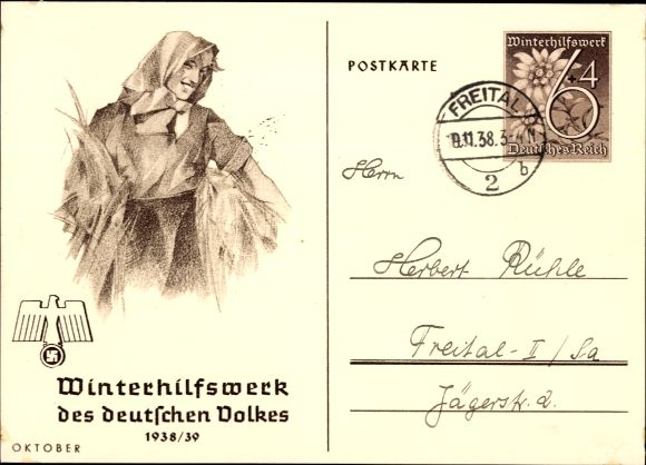 Papeteria pocztowa KP WHW 1938/39, październik, żona rolnika podczas żniw