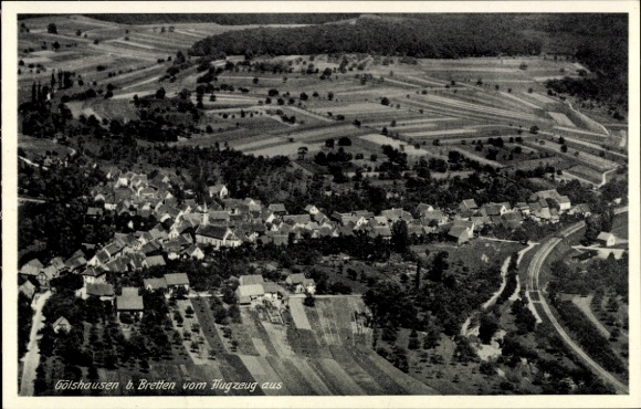 Postcard Gölshausen Bretten in Baden, aerial view of Golshausen, Bretten, rural surroundings, houses,