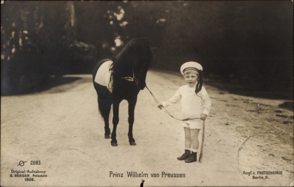 Postcard Prince Wilhelm of Prussia, sailor hat, pony