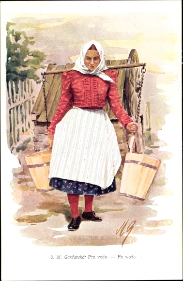 Artist PC Gardavska, M., Woman in Slovak costume, carrying water